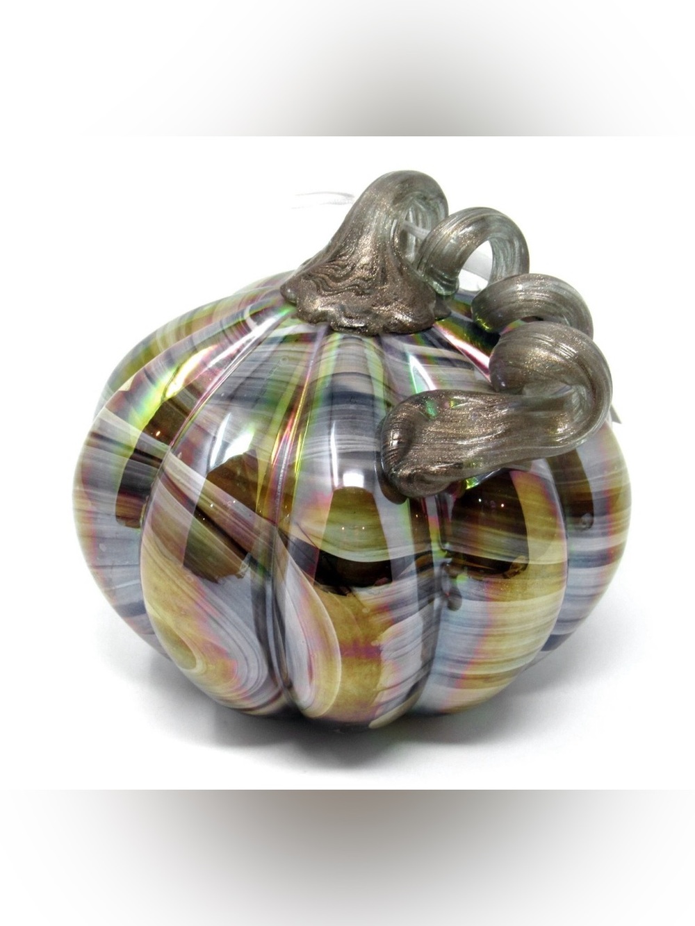Mikasa Collectible Art Glass Pumpkin Iridescent Tiger Stripe Copper Stem 6" New